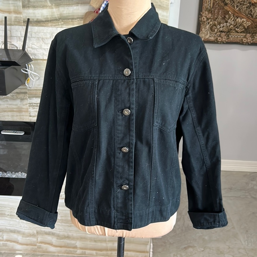 Chicos Design Black Denim Jacket with Embroidered Sequence Beads Back Size1(868)